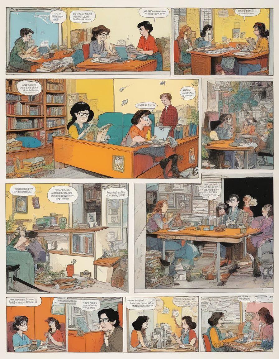 A colorful collage of graphic novel panels featuring humorous cartoon characters in playful romantic situations, overlaid with university elements like textbooks and coffee cups. The characters should embody diversity, showcasing different cultures and personalities while engaging in laugh-out-loud scenarios that reflect adult humor. Bright, vibrant colors should dominate the scene, creating a lively and energetic atmosphere. Think lively and fun, with exaggerated expressions on the characters' faces. cartoon style. vibrant colors. energetic composition.