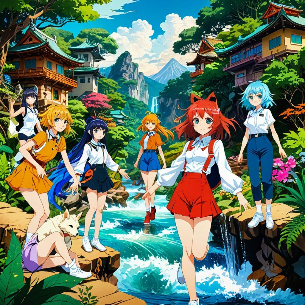 A vibrant collage of colorful anime characters in dynamic poses, showcasing a blend of whimsical and adult themes. Include elements like exaggerated facial expressions, playful kinks represented in a tasteful manner, and fantastical landscapes. Incorporate a fresh, inviting atmosphere that captures the essence of exploration and excitement. The art style should resonate with contemporary anime aesthetics and evoke a sense of adventure. vibrant colors. vector art.