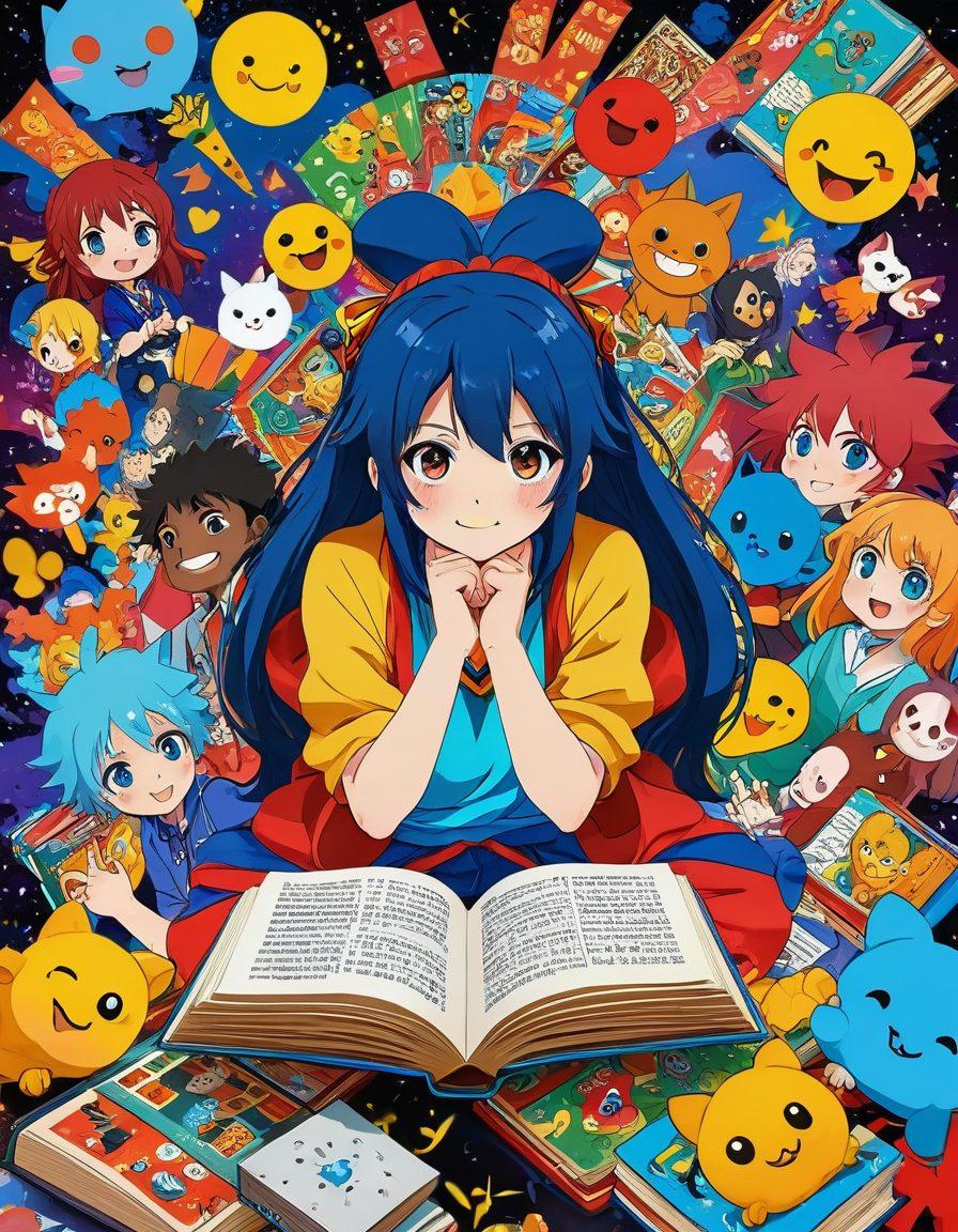 An eclectic collection of iconic anime and manga characters, intertwined with playful symbols of kink, such as suggestive emojis and vibrant patterns. The background features a whimsical, kaleidoscopic design that captures the essence of youth and exploration. Include elements like oversized books and comic panels to signify guidance and learning. The overall mood should be fun, vibrant, and inviting for newcomers to the genre. anime art style. vibrant colors. dynamic composition.